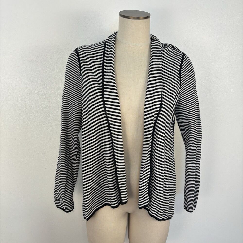 TALBOTS Women Open Cardi Cardigan Sz M Petite Black White Stripe Sweater Jacket